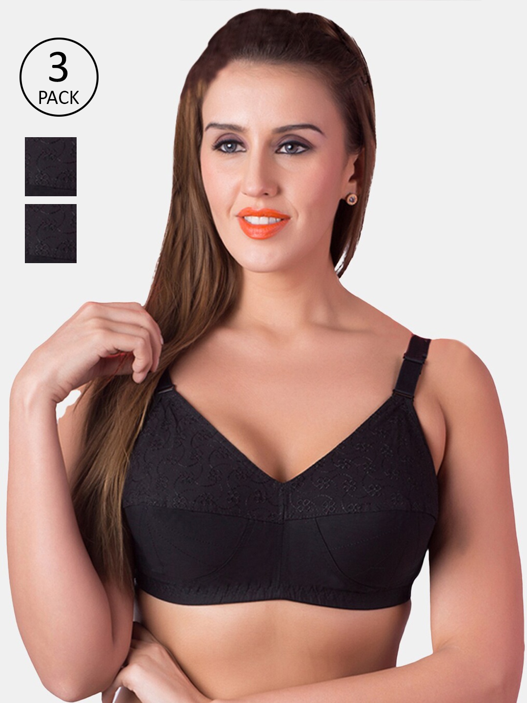 

Rajnie Black Plus Size Set Of 3 Non Wired & Non Padded Solid Bra