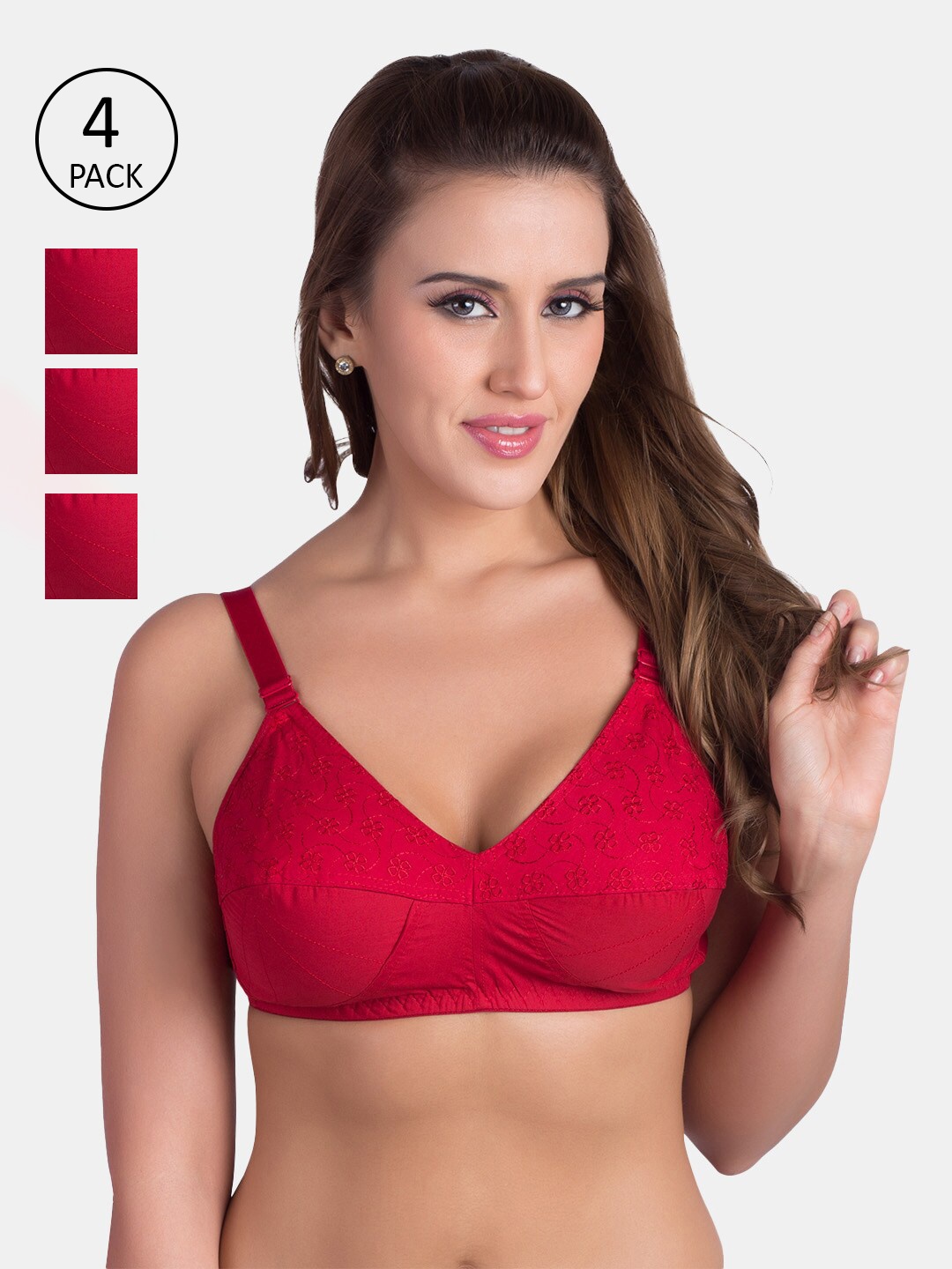 

Rajnie Pack of 4 Plus Size Red Cotton Non Padded Non-Wired Bra