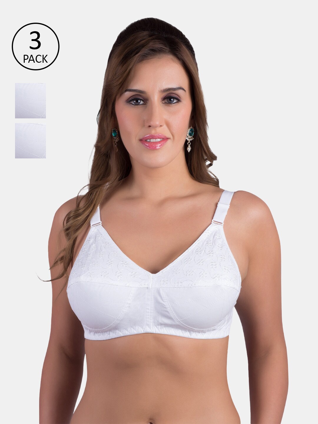 

Rajnie Plus Size Pack of 3 White Floral Self Design Cotton Minimizer Bras