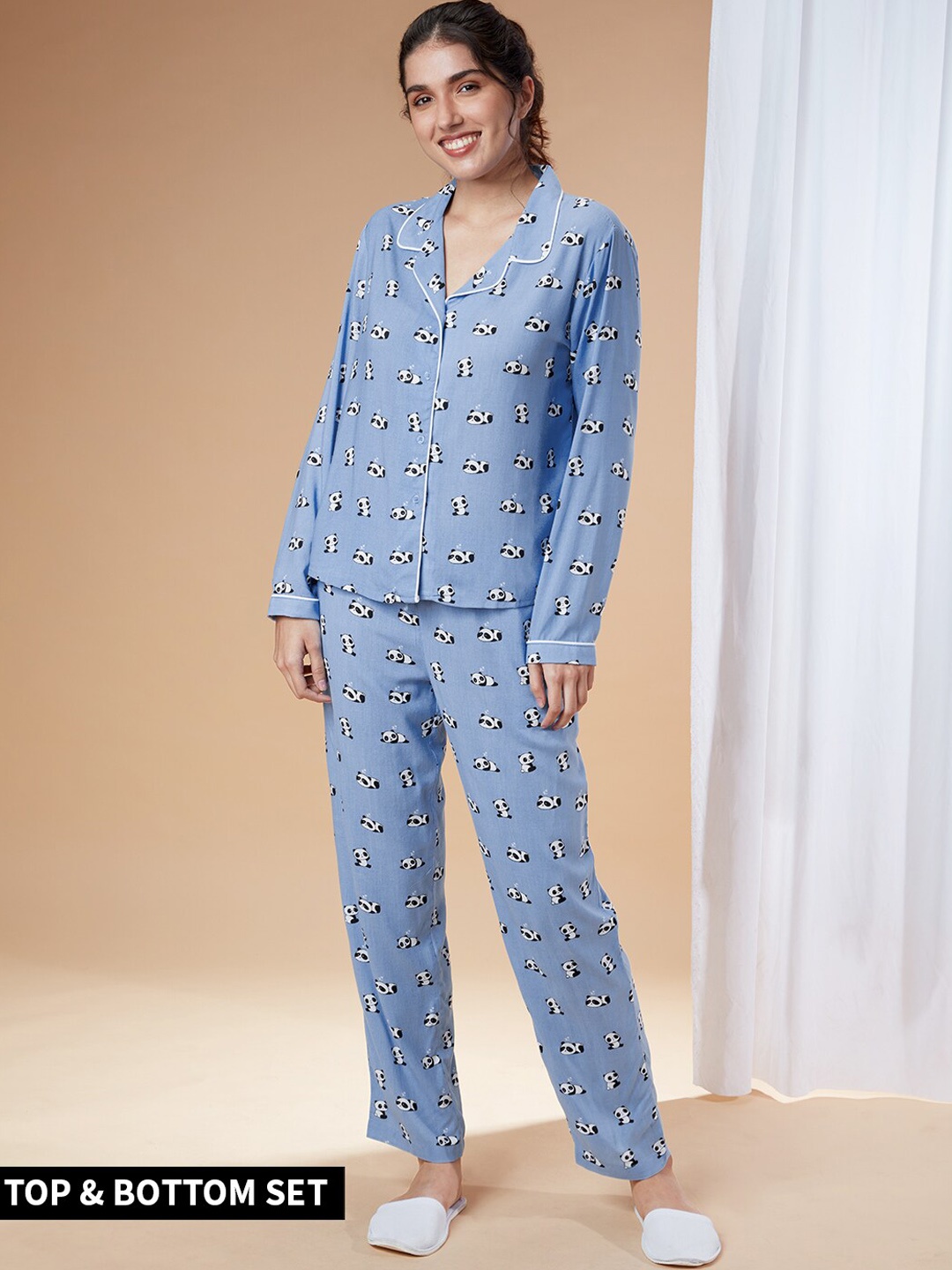 

The Souled Store Women Blue & Black Printed Night Suit