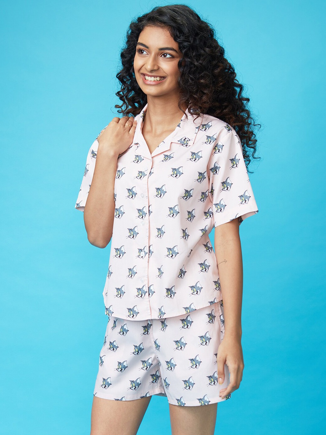 

The Souled Store Women Pink & Grey Tom Printed Shorts Night suit