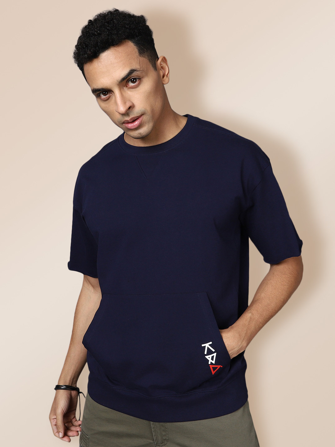 

KRA Men Navy Blue Drop-Shoulder Sleeves Loose Cotton T-shirt
