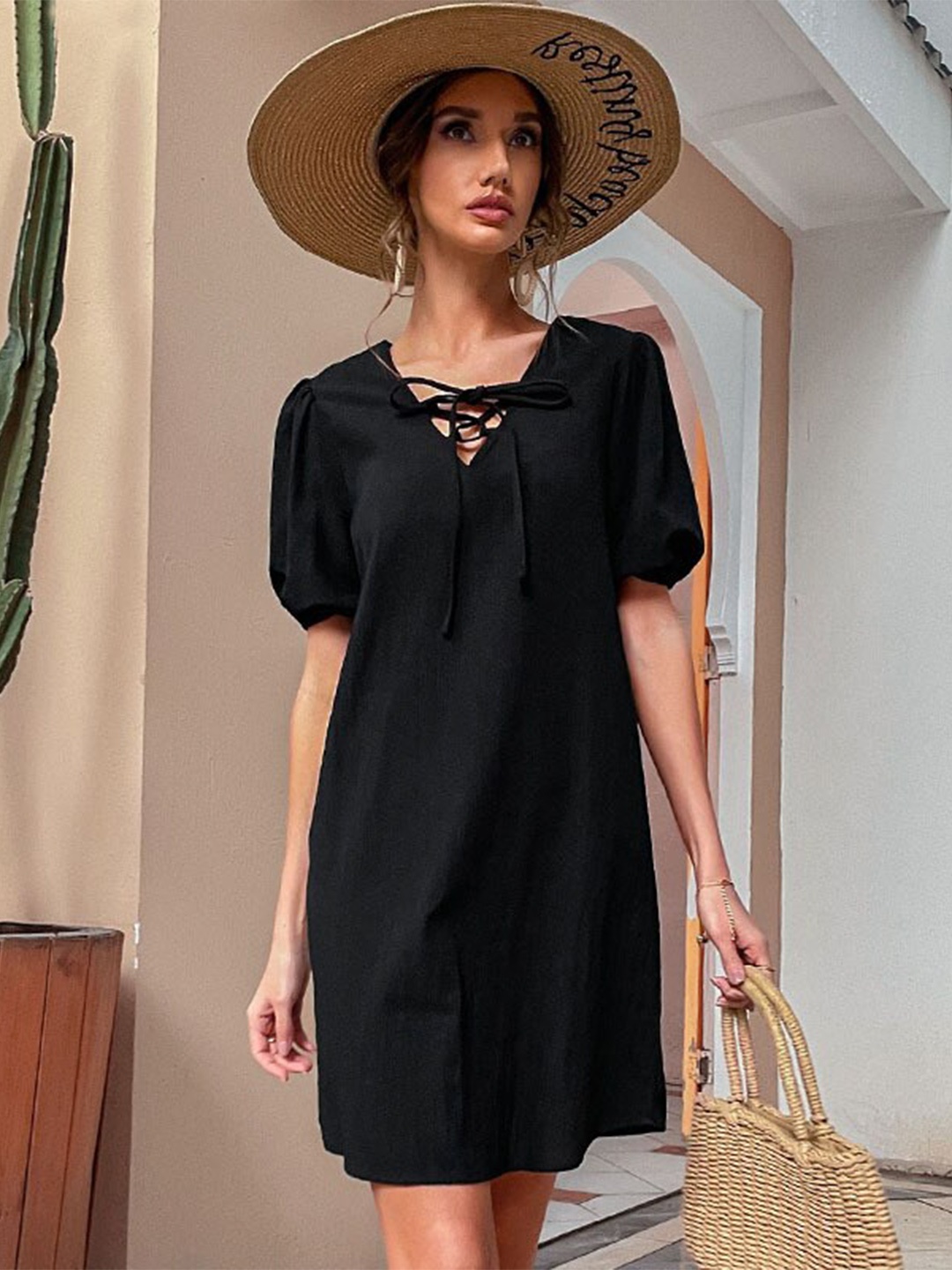 

La Aimee Women Black Solid A-Line Dress