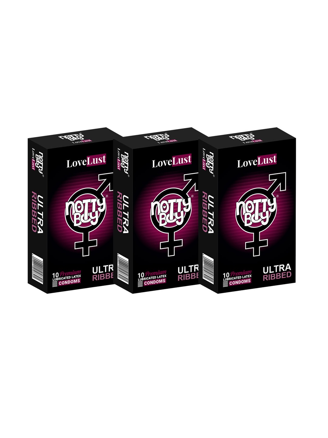 

noTTy Boy Set of 3 Love Lust Ultra Ribbed Lubricated Condoms - 10 Pieces Each, Black