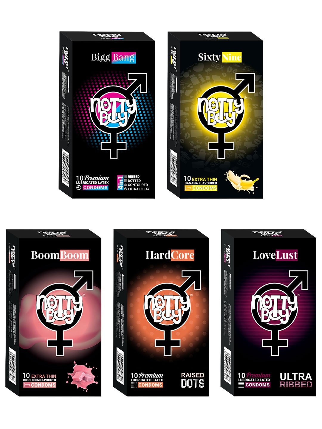 

noTTy Boy Set of 5 Variety Honeymoon Condoms, Black