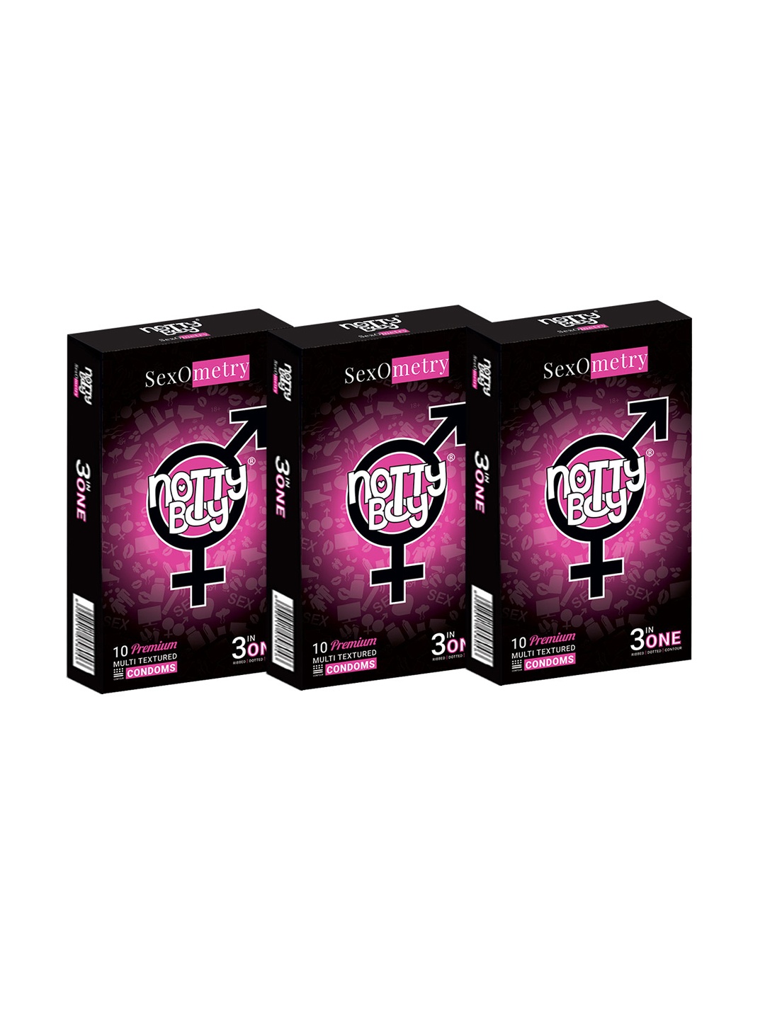 

noTTy Boy Set of 3 Sexometry 3-In-1 Ribbed Dotted Contoured Condoms - 10 Pieces Each, Pink