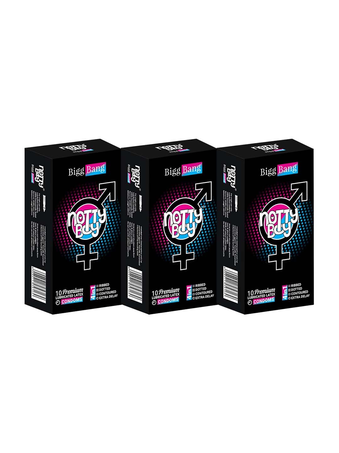 

noTTy Boy Men Set of 3 BiggBang 4-In-1 Ribbed-Dotted-Delay-Contoured Condoms - 10 Pcs Each, Black