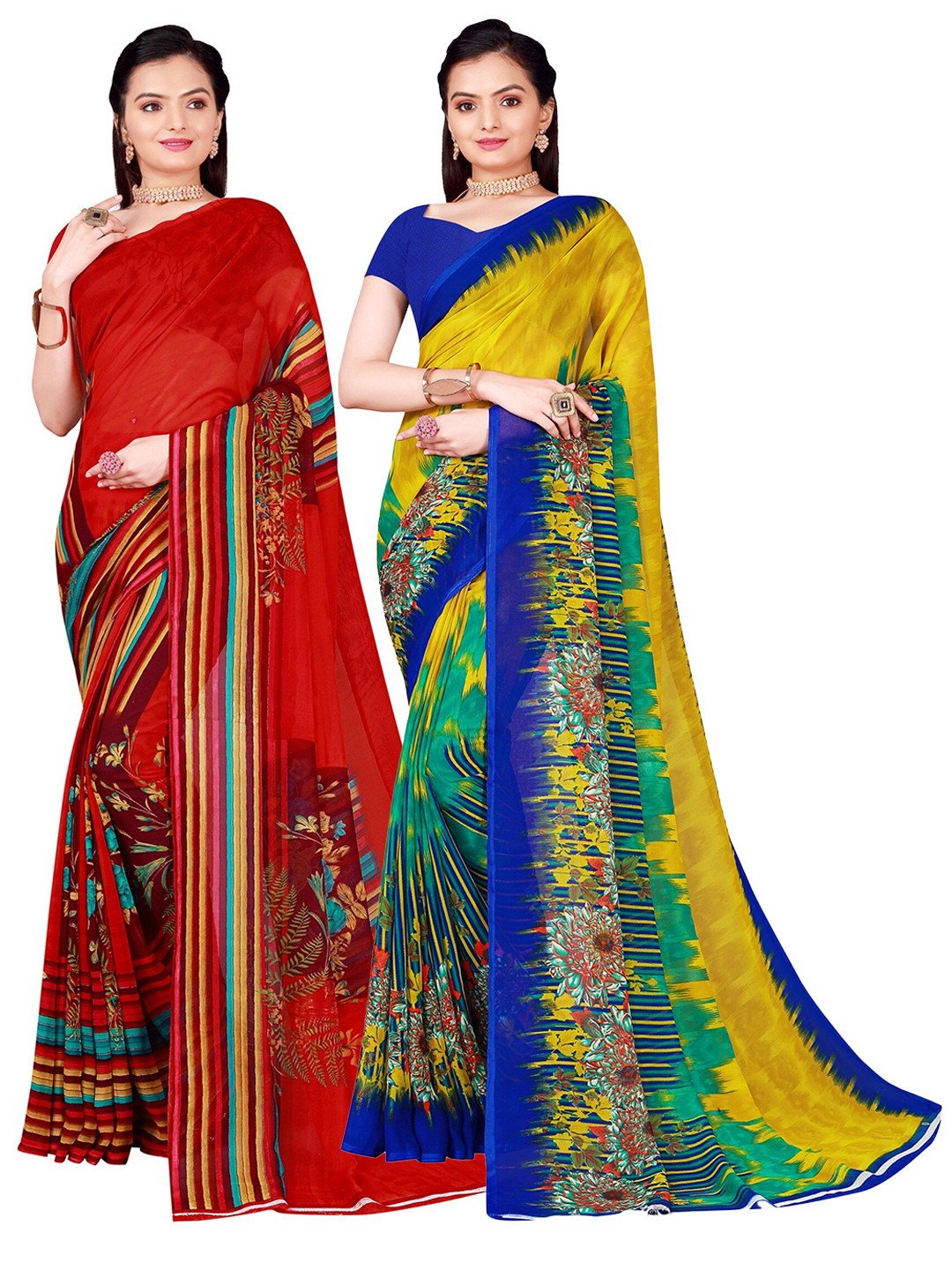 

Florence Pack of 2 Red & Blue Floral Pure Georgette Saree