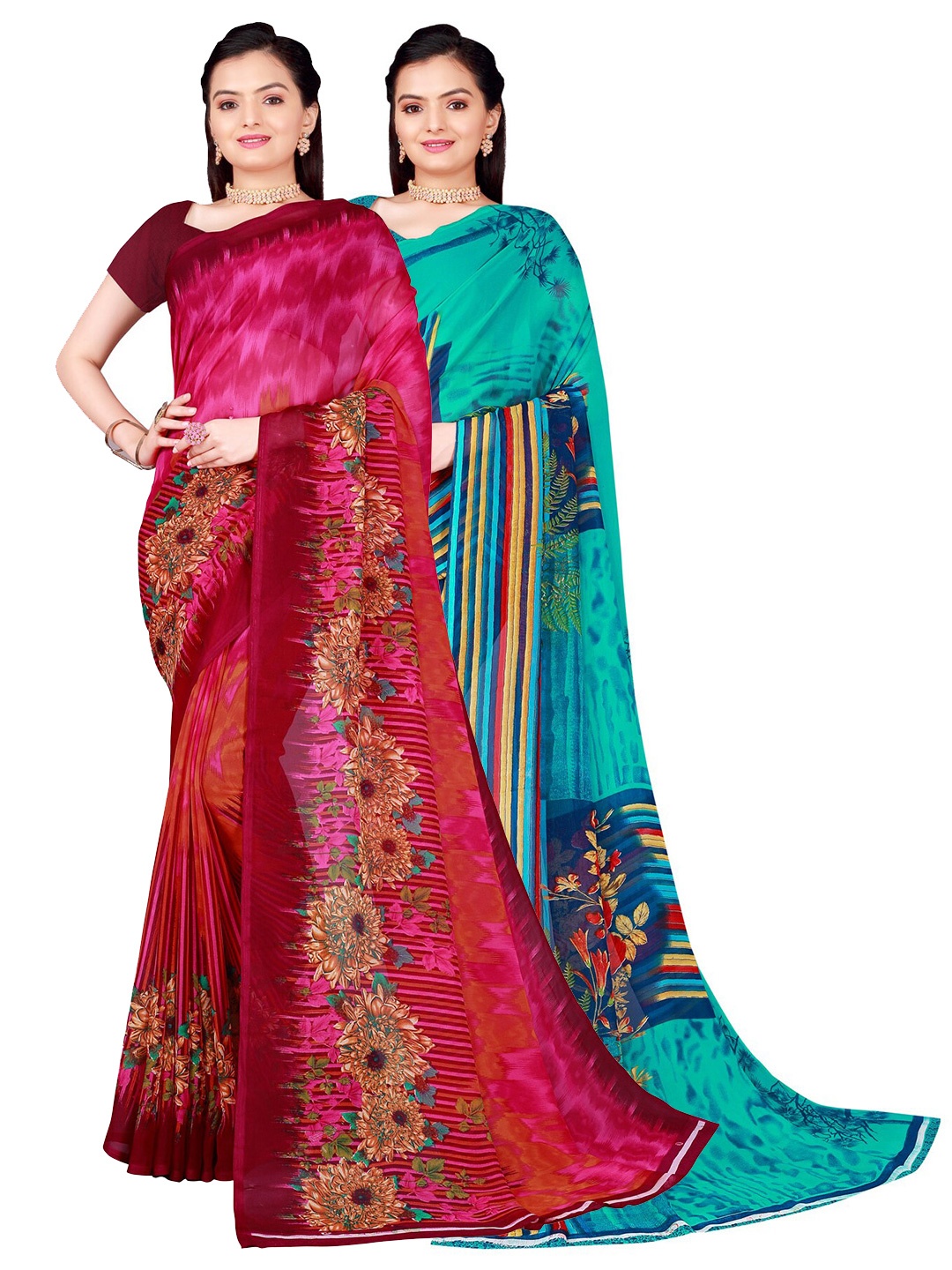 

Florence Pack of 2 Teal Green & Maroon Floral Pure Georgette Saree