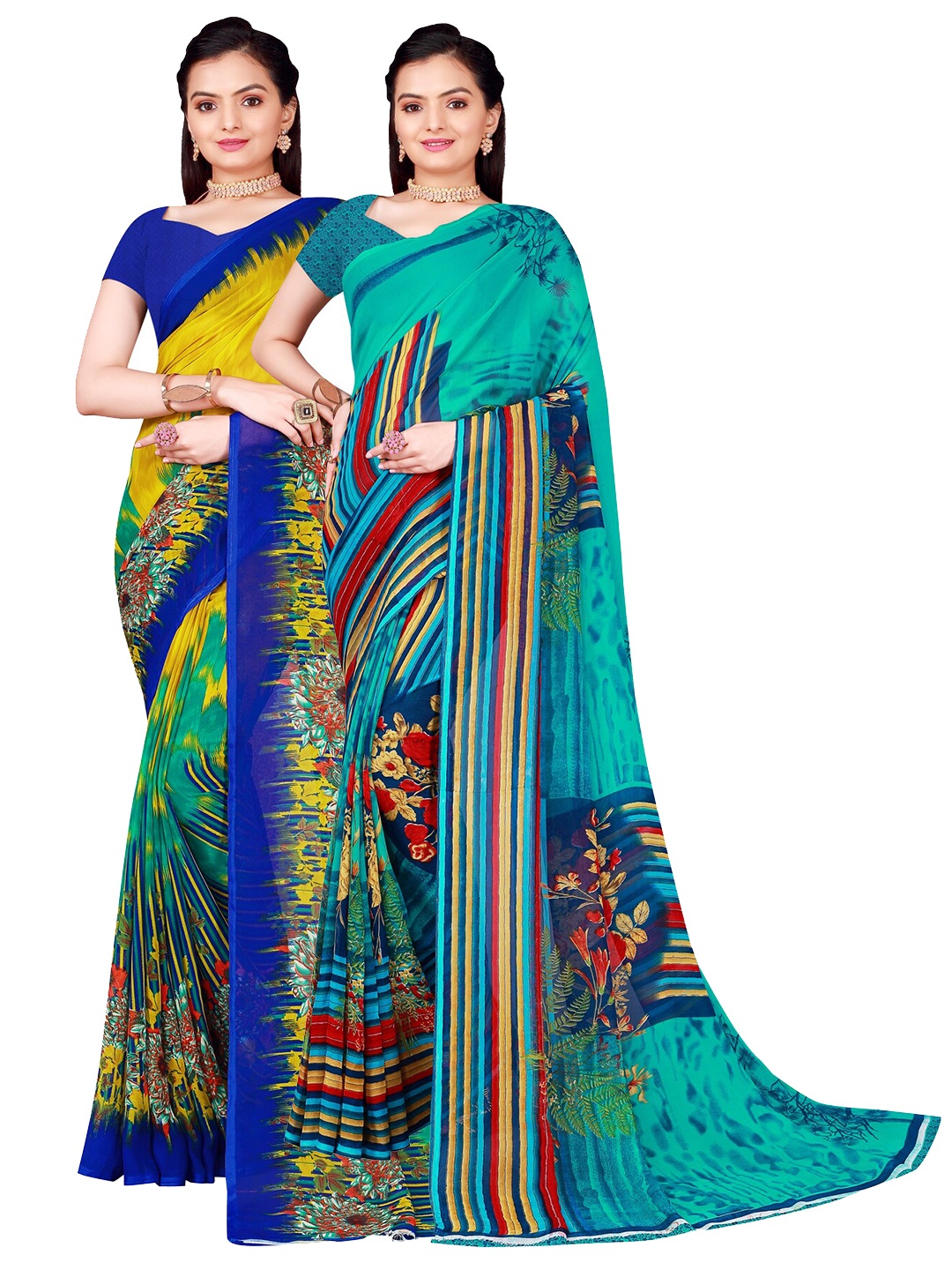

Florence Pack of 2 Teal Green & Blue Floral Pure Georgette Saree