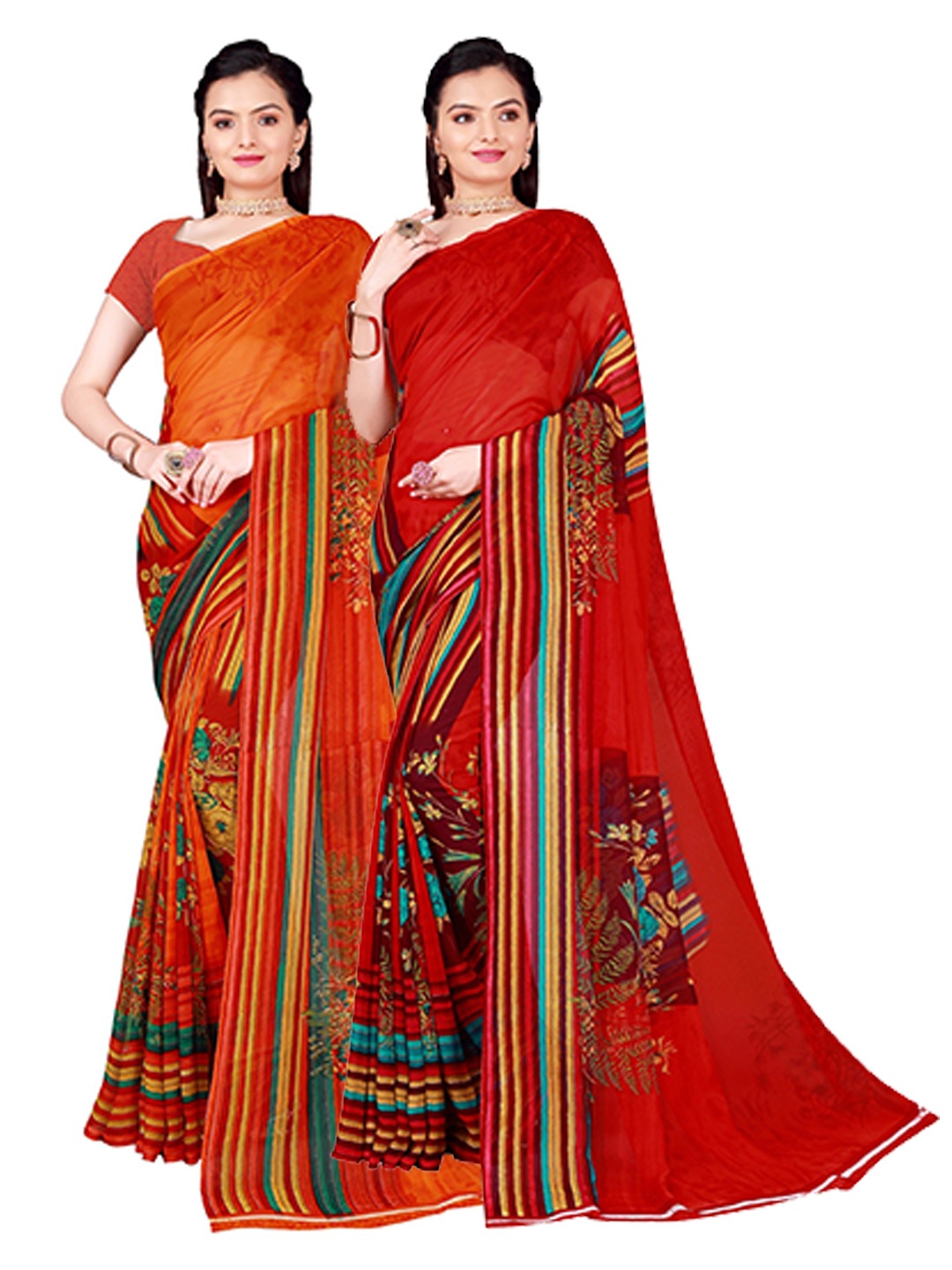 

Florence Pack of 2 Orange & Red Floral Pure Georgette Saree