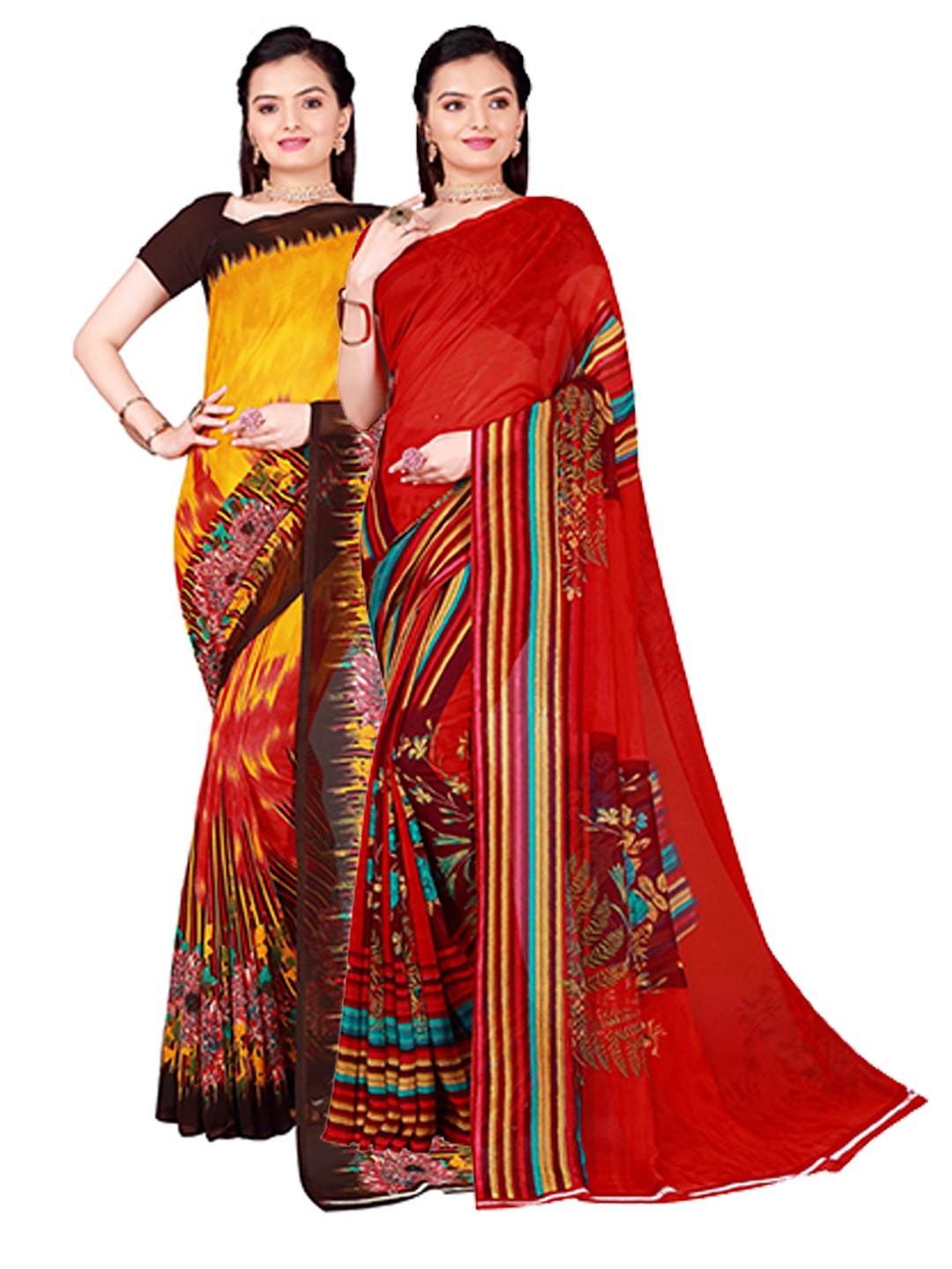 

Florence Pack Of 2 Red & Brown Floral Printed Pure Georgette Saree