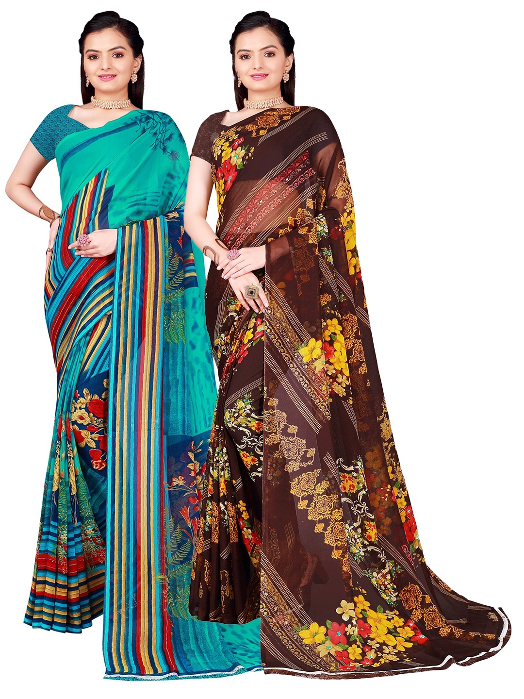 

Florence Teal & Coffee Brown Floral Pure Georgette Saree Pack Of 2