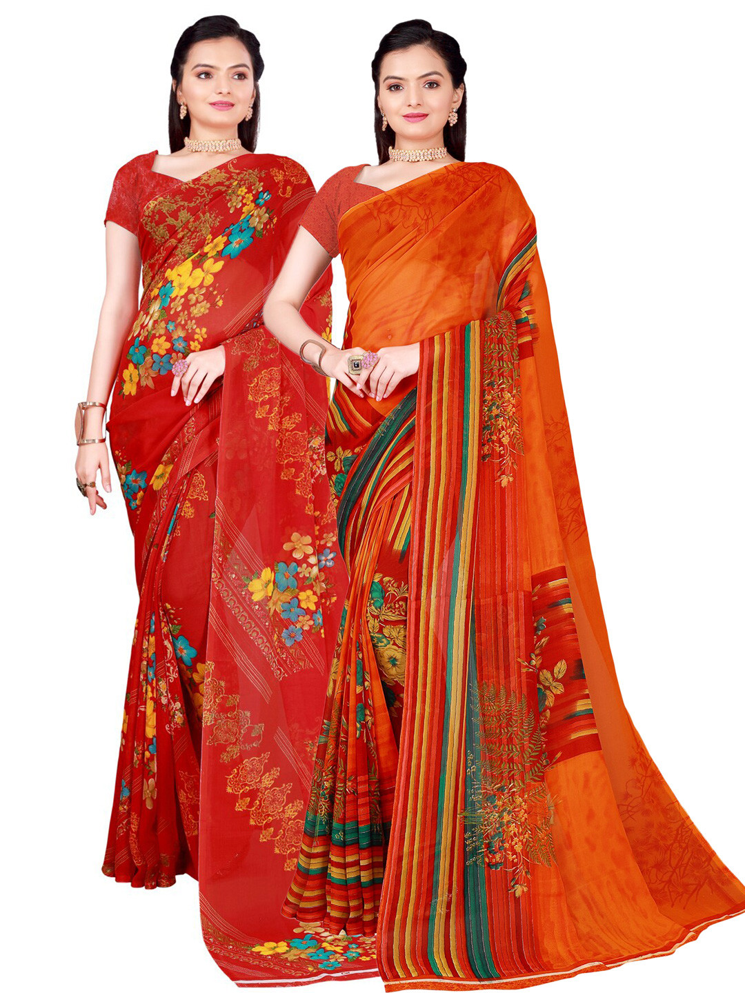 

Florence Pack of 2 Orange & Red Floral Pure Georgette Saree