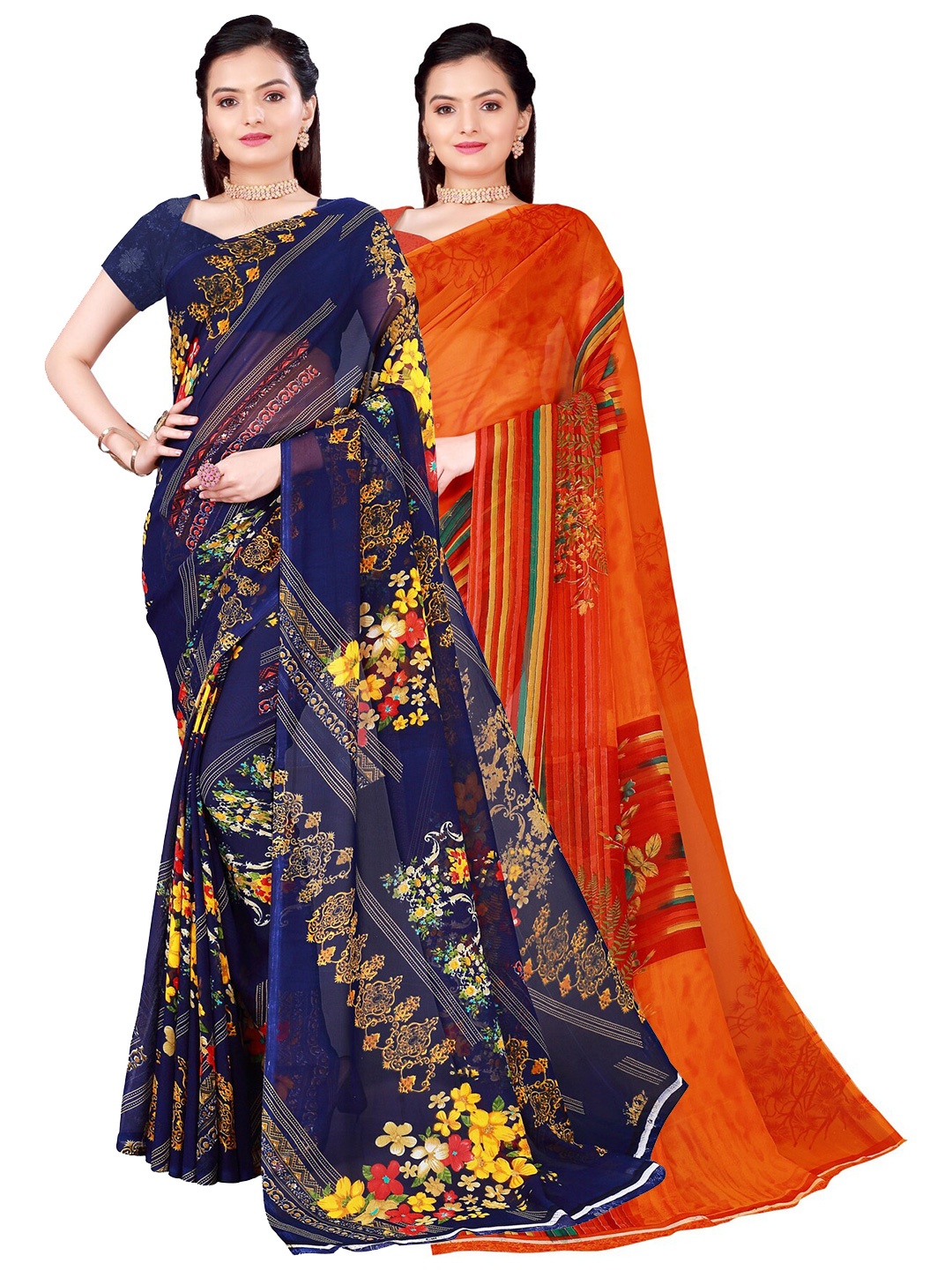 

Florence Pack Of 2 Orange & Blue Floral Pure Georgette Saree