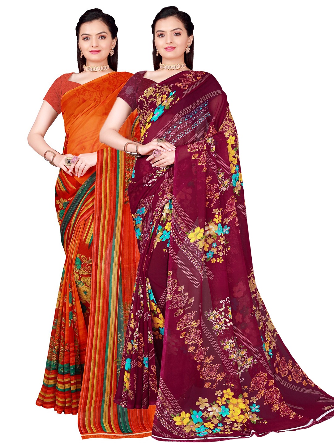 

Florence Orange & Burgundy Floral Pure Georgette Saree Pack Of 2