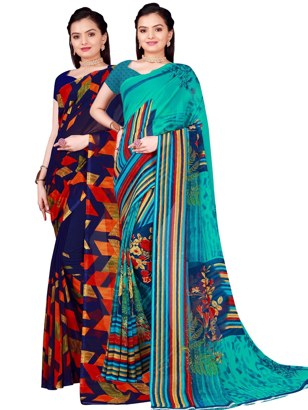 

Florence Pack of 2 Teal Green & Blue Pure Georgette Sarees