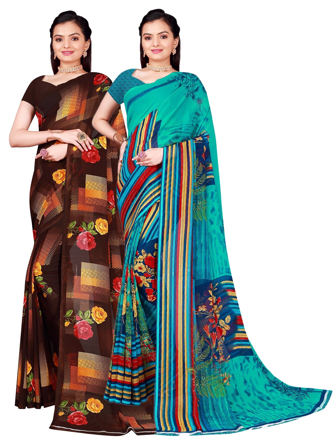 

Florence Pack of 2 Teal Green & Brown Floral Pure Georgette Saree