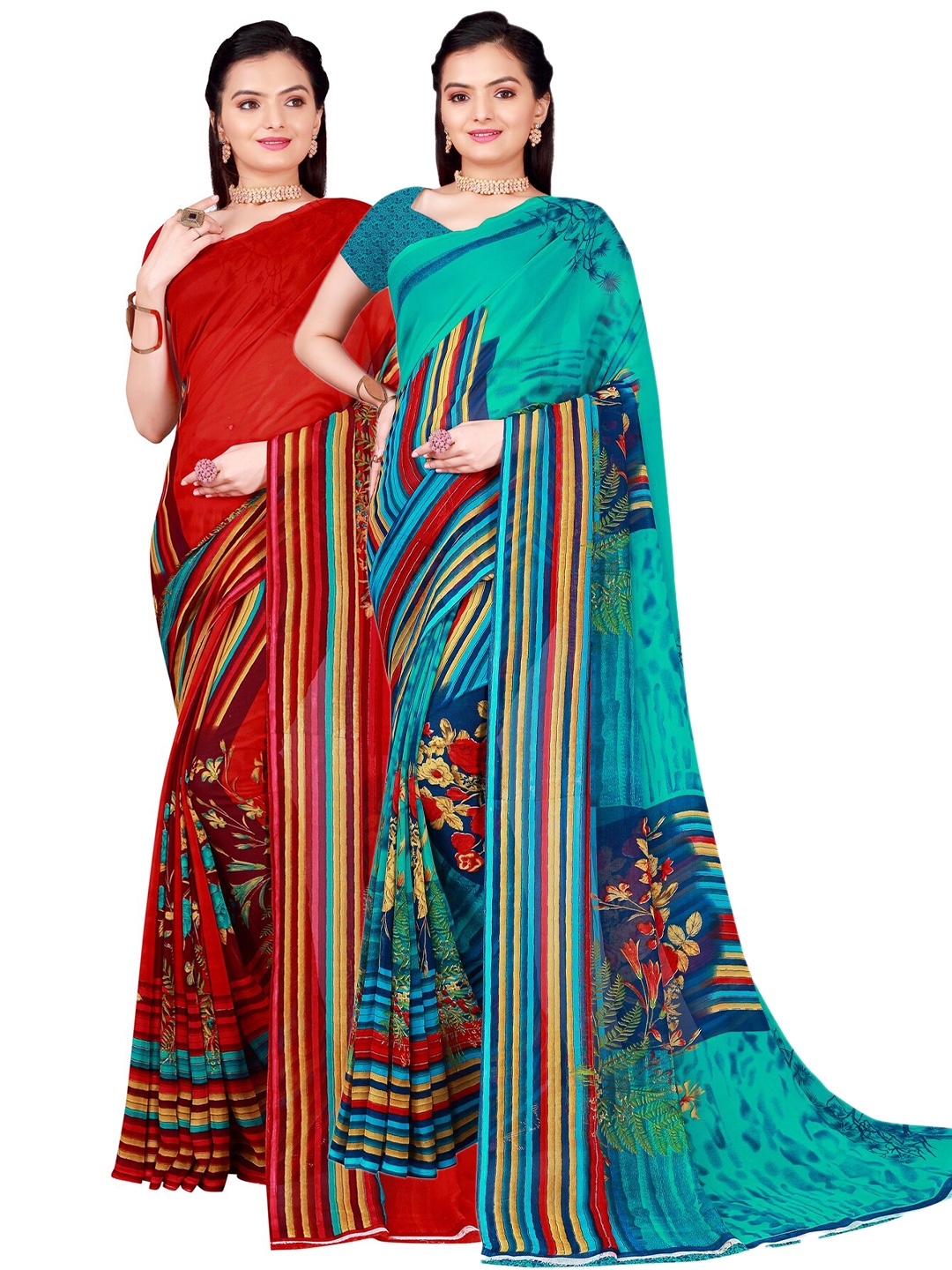 

Florence Pack Of 2 Red & Teal Floral Pure Georgette Saree