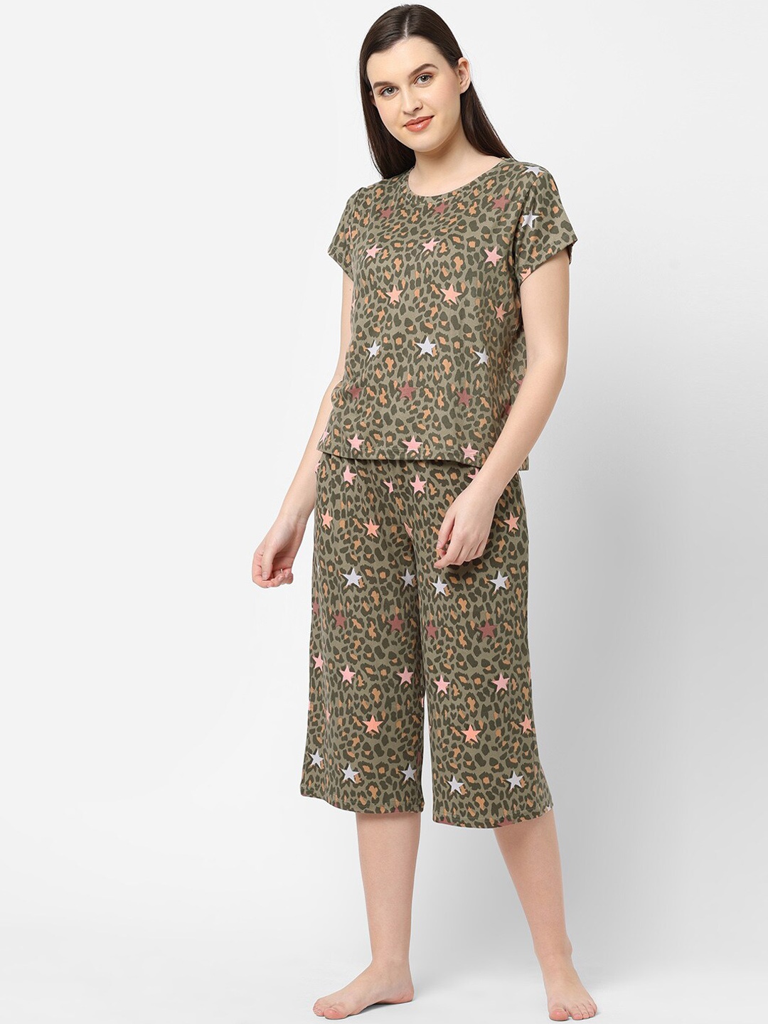 

Sweet Dreams Women Olive Green & Black Printed Night Suit