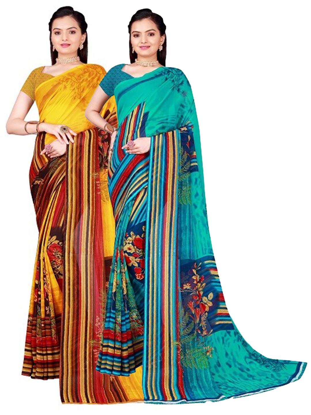 

Florence Pack of 2 Yellow & Teal Green Floral Pure Georgette Saree