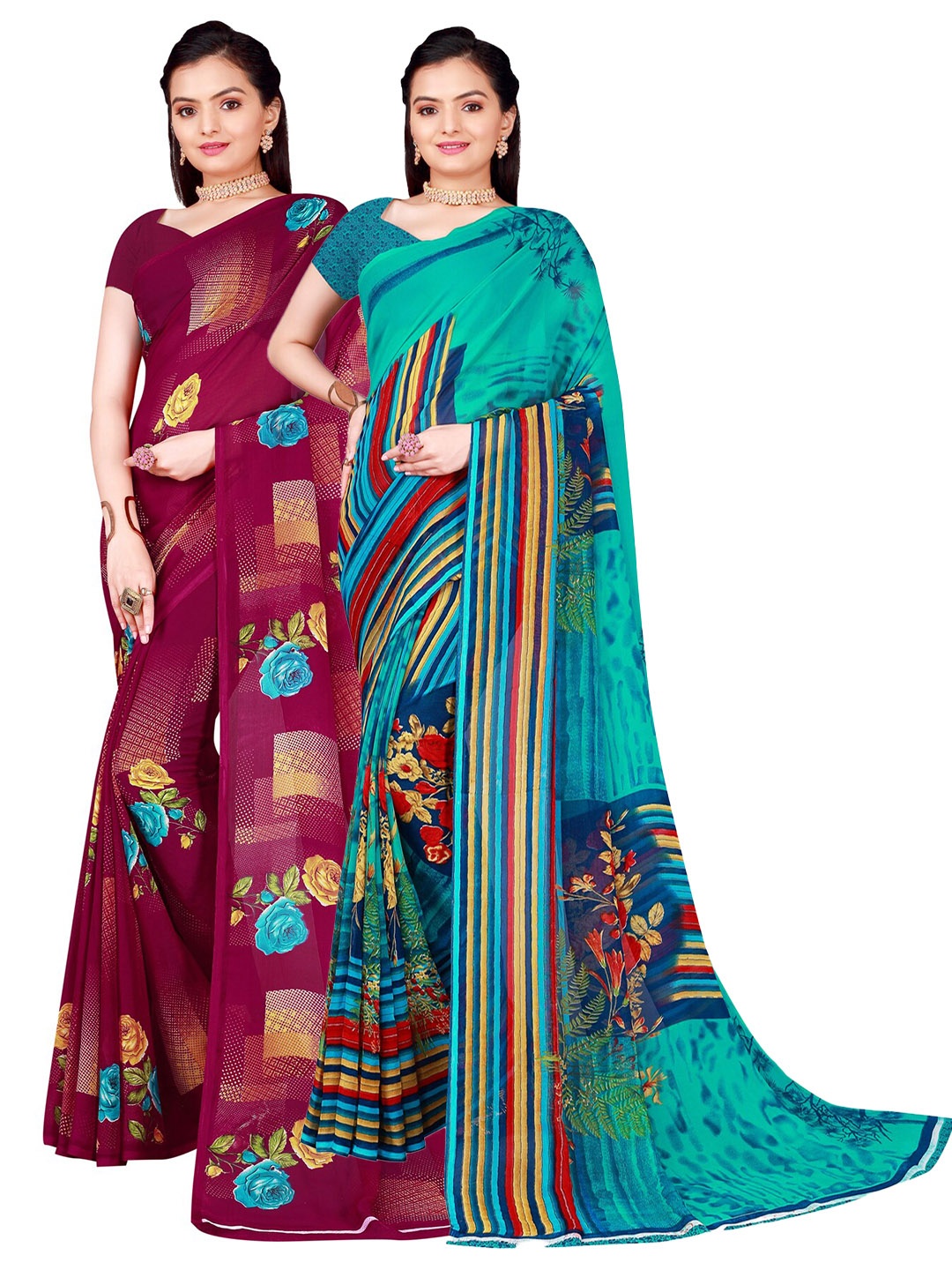 

Florence Pack of 2 Printed Pure Georgette Sarees, Burgundy