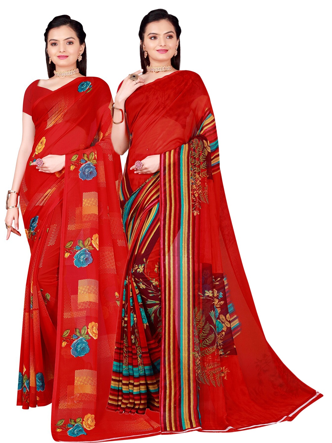 

Florence Pack of 2 Red & Blue Floral Pure Georgette Saree