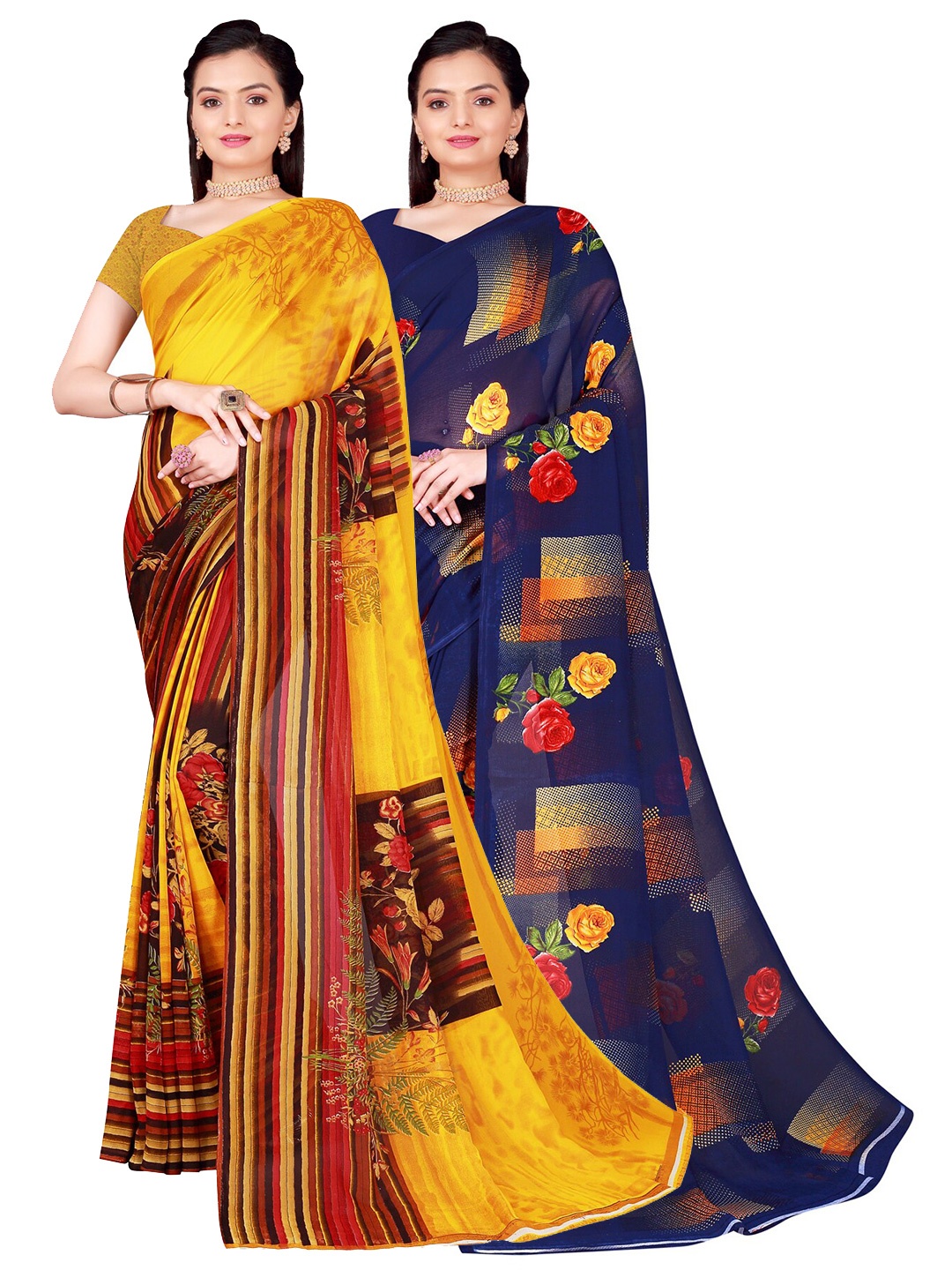 

Florence Pack of 2 Floral Pure Georgette Saree, Yellow