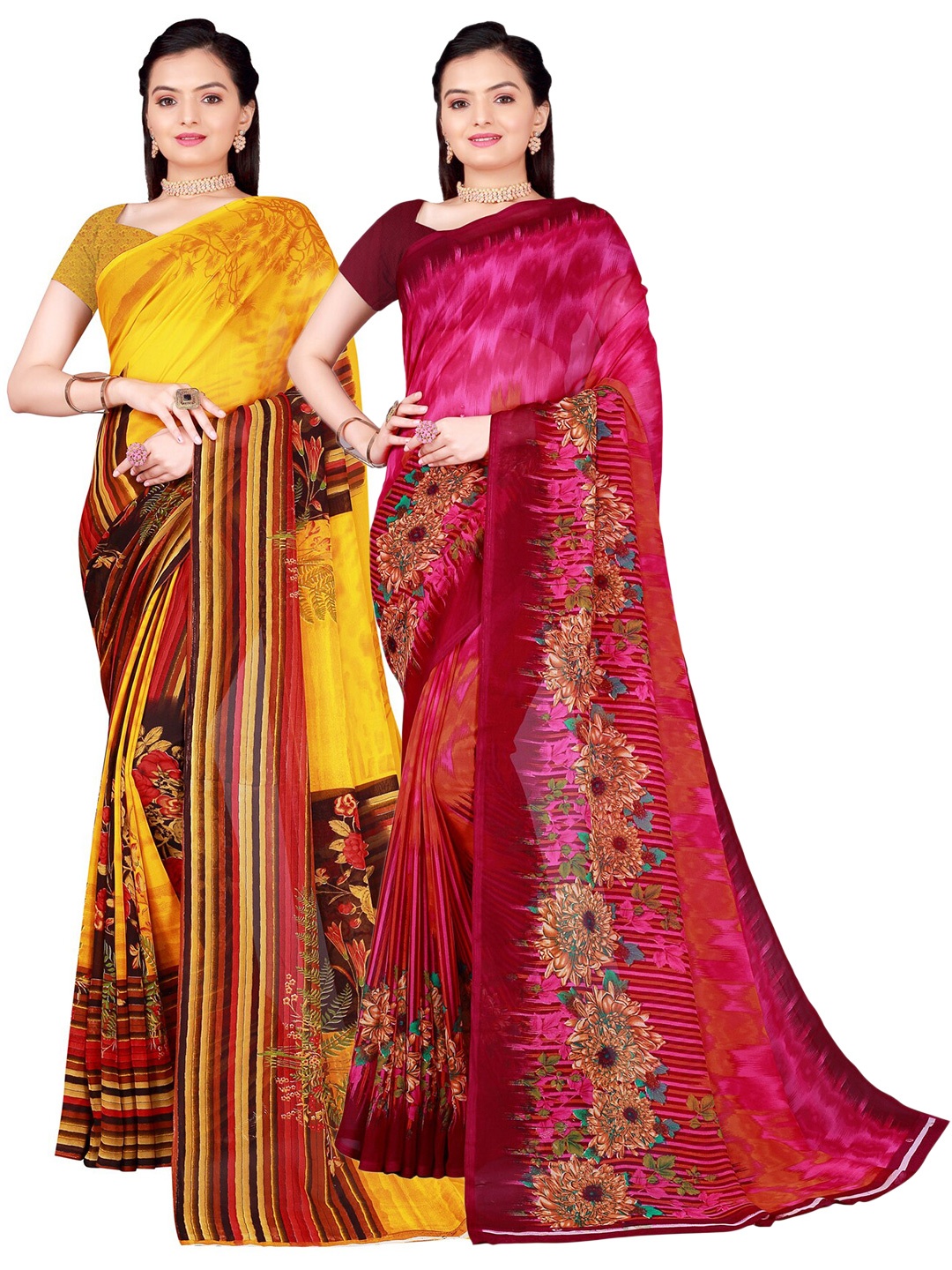 

Florence Pack of 2 Yellow & Pink Floral Pure Georgette Saree