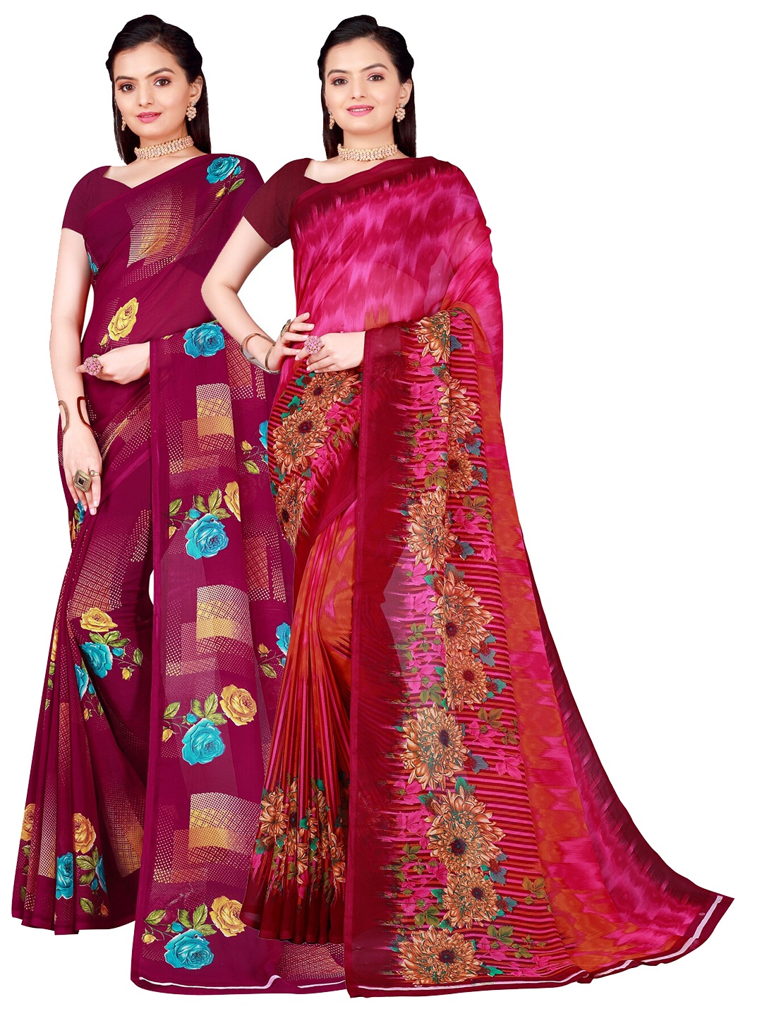 

Florence Pack of 2 Burgundy & Red Pure Georgette Sarees