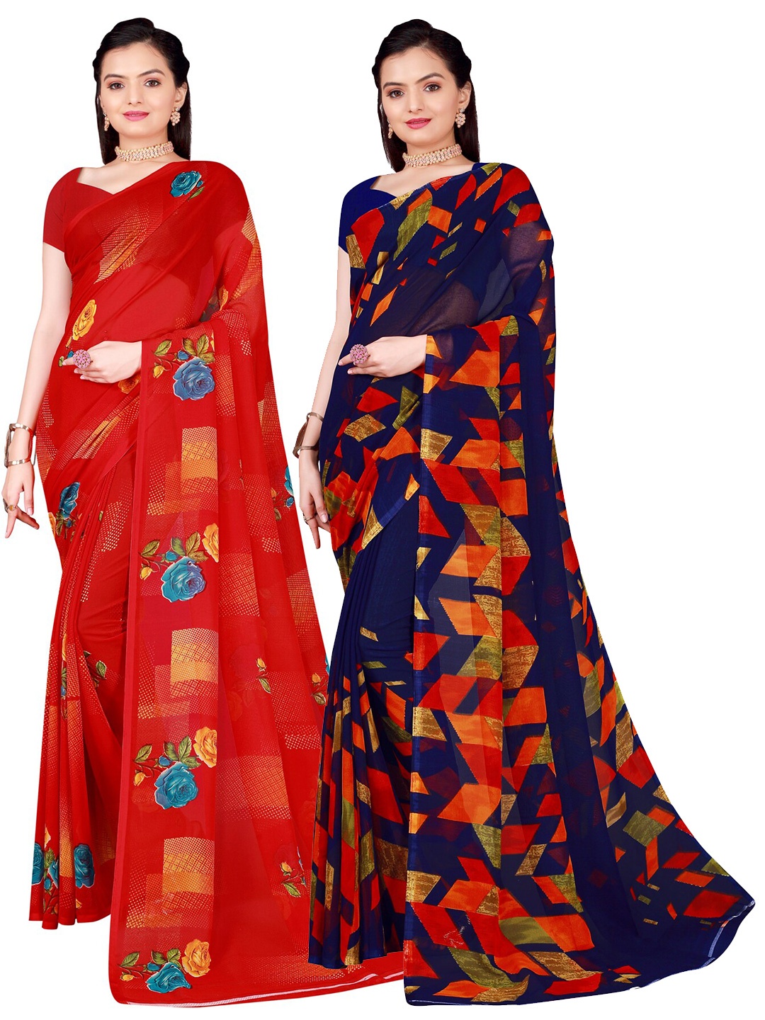 

Florence Pack Of 2 Red & Navy Blue Pure Georgette Saree