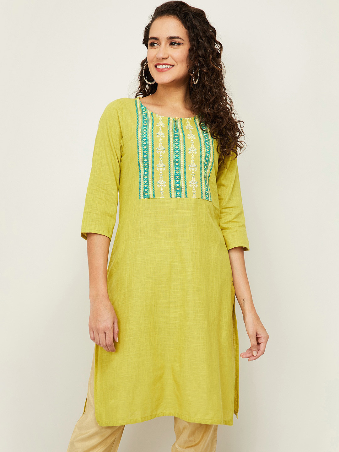 

Melange by Lifestyle Women Green Ethnic Motifs Yoke Design Kurta