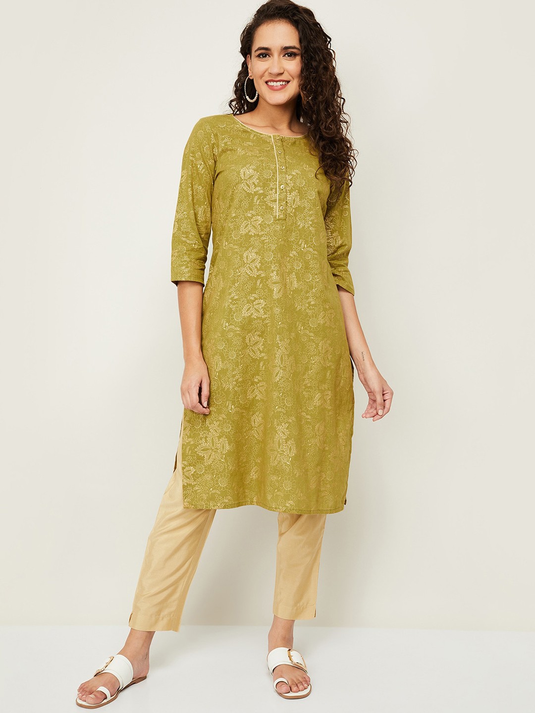 

Melange by Lifestyle Green Ethnic Motifs Printed Chikankari Kurta