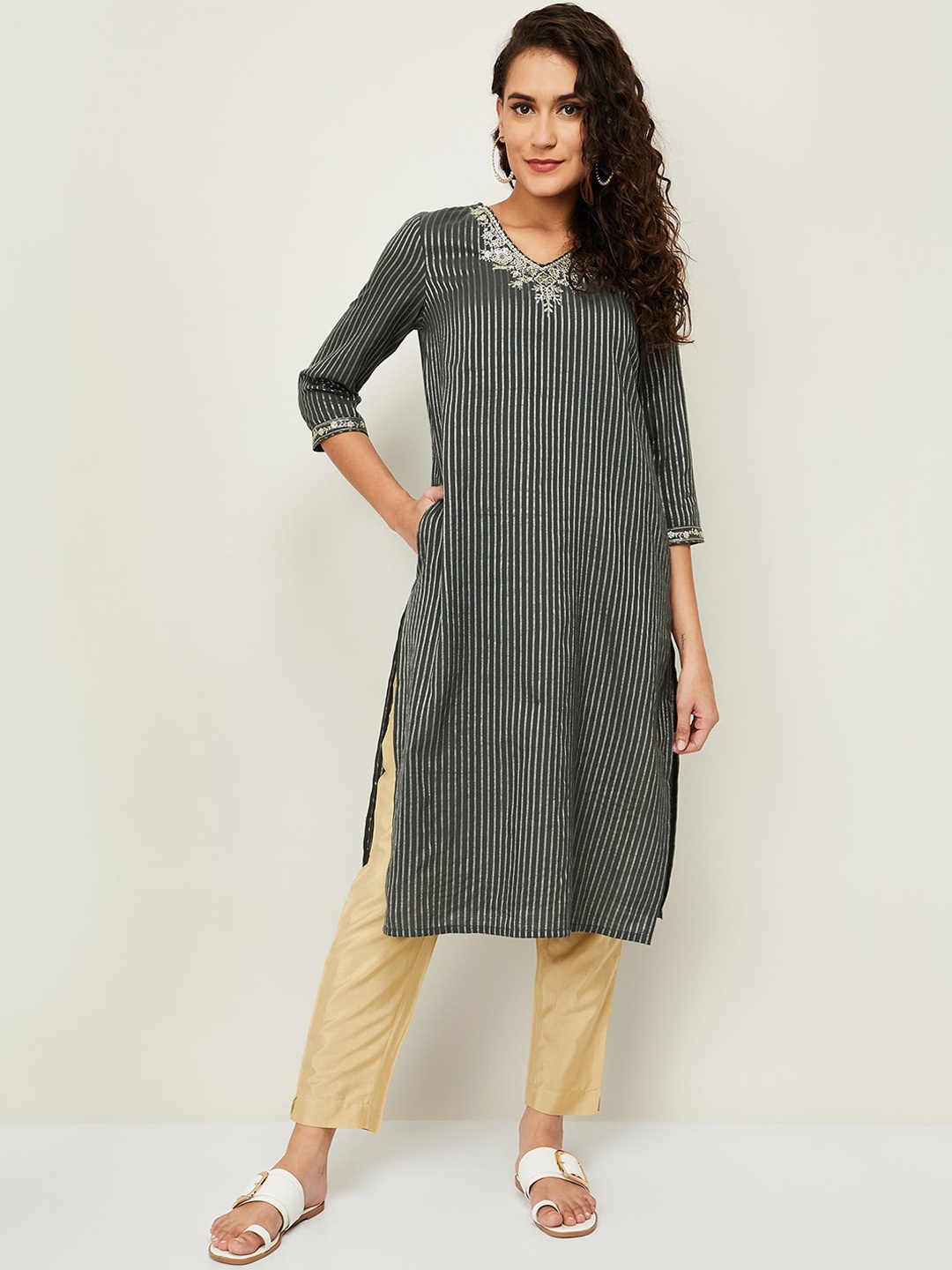 

Melange by Lifestyle Women Black Striped Thread Work Cotton Kurta