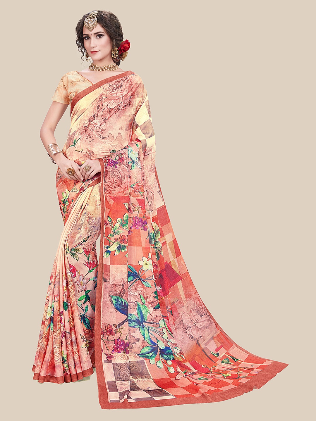 

UNITED LIBERTY Cream-Coloured & Red Floral Digital Printed Saree