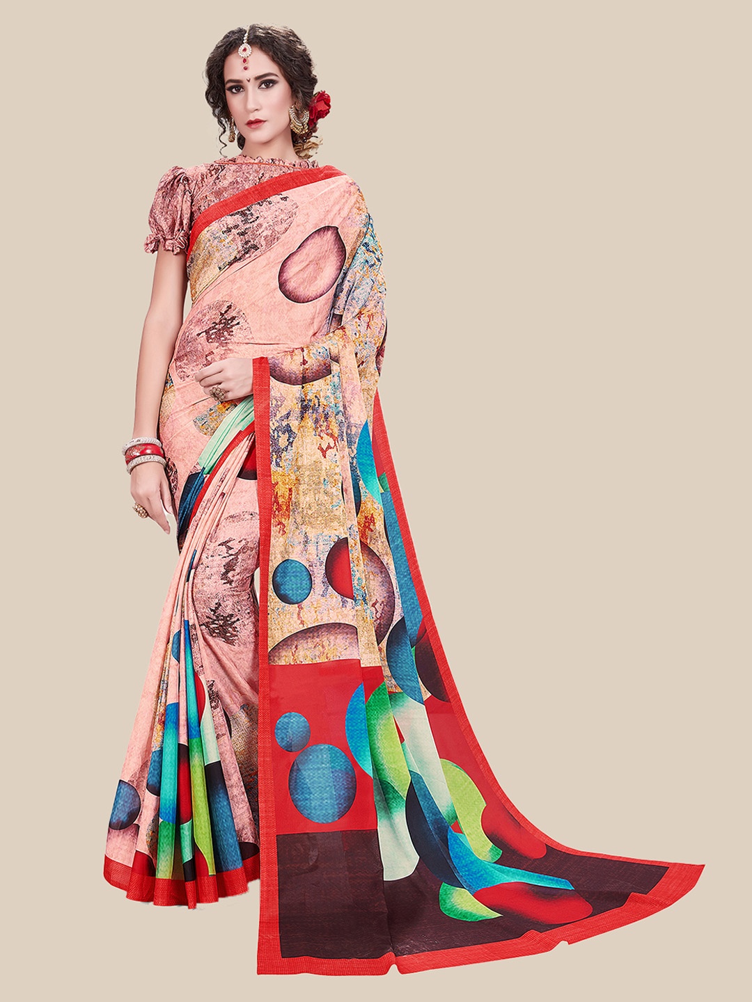 

UNITED LIBERTY Peach-Coloured & Red Floral Saree