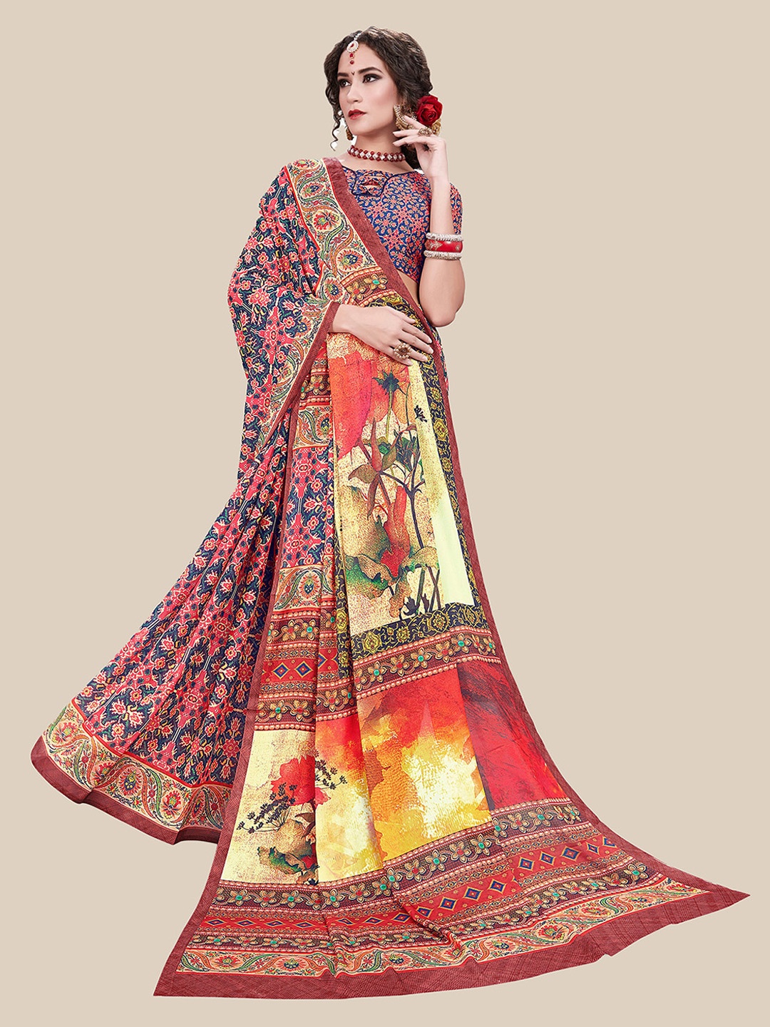 

UNITED LIBERTY Blue & Peach-Coloured Floral Zari Block Print Saree