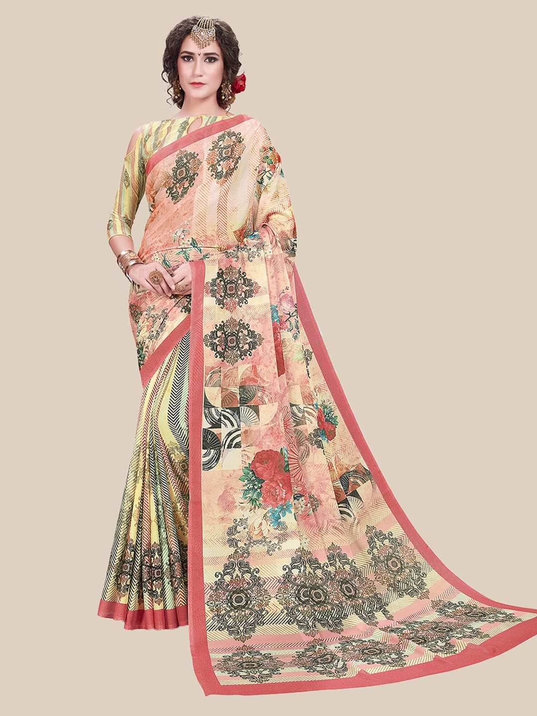 

UNITED LIBERTY Cream-Coloured & Black Floral Block Print Saree