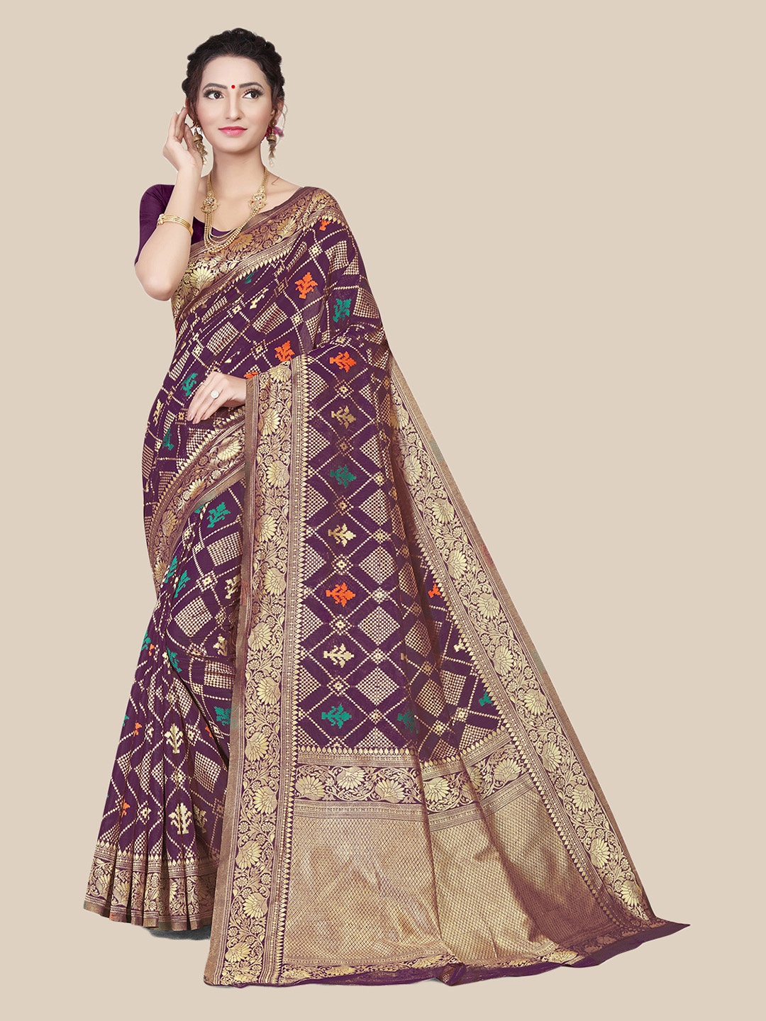 

UNITED LIBERTY Purple & Golden Ethnic Motifs Zari Art Silk Block Print Saree