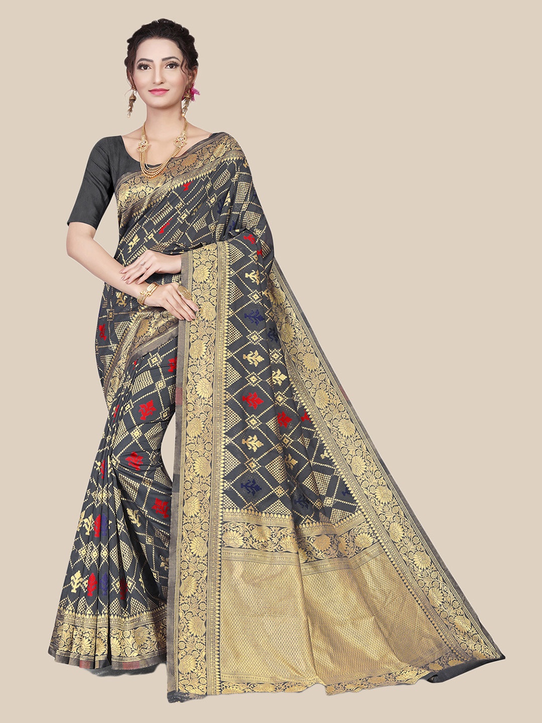 

UNITED LIBERTY Grey & Gold-Toned Ethnic Motifs Zari Art Silk Block Print Saree
