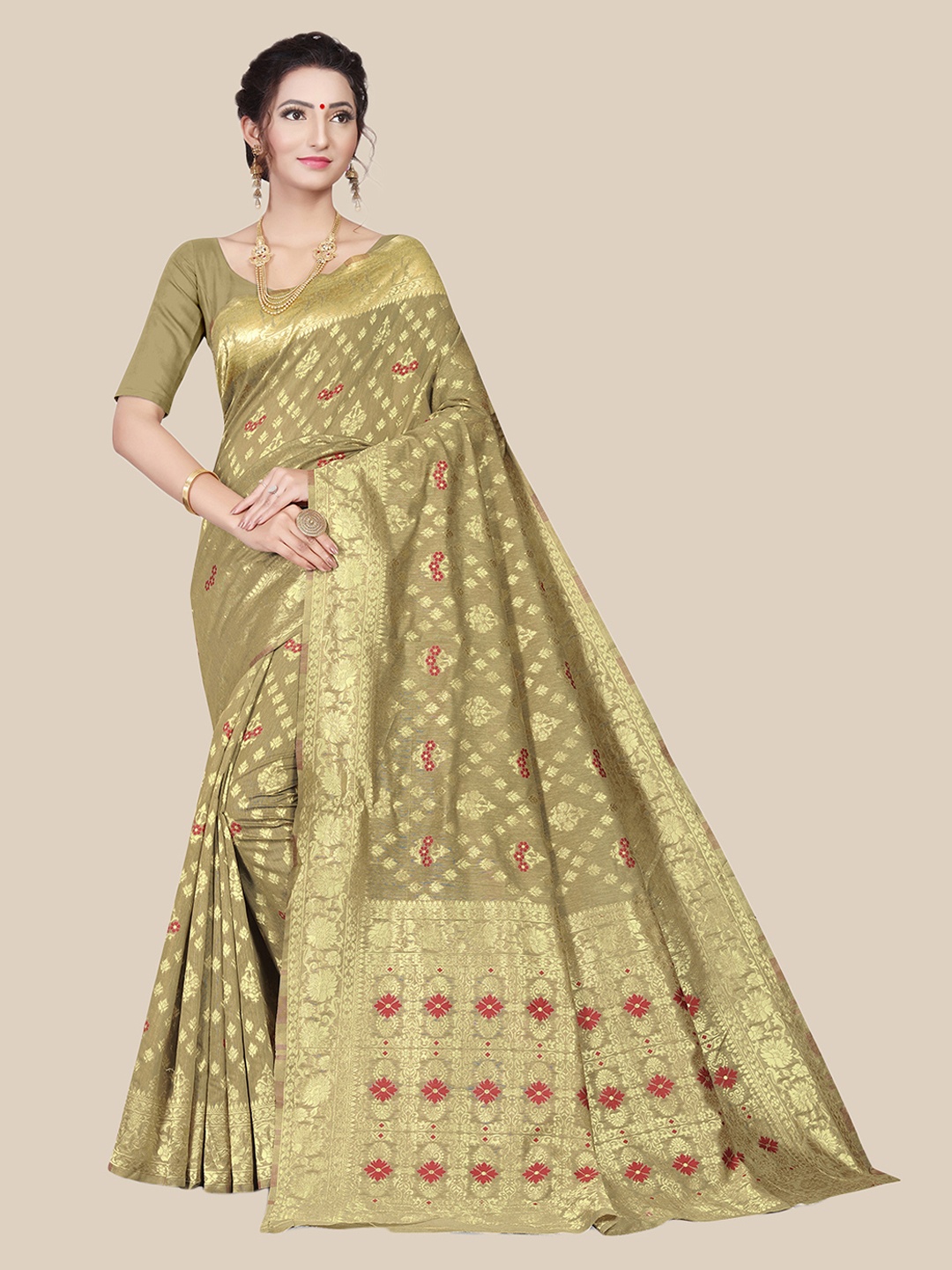 

UNITED LIBERTY Gold-Toned & Red Woven Design Zari Art Silk Block Print Saree