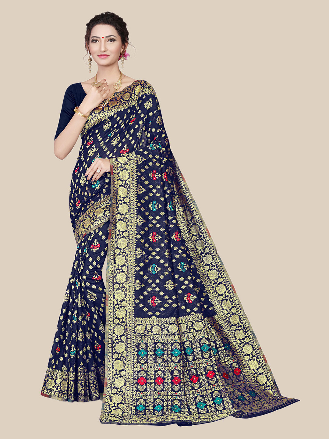 

UNITED LIBERTY Blue & Red Ethnic Motifs Art Silk Block Print Saree