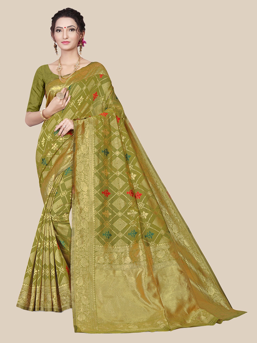 

UNITED LIBERTY Olive Green & Gold-Toned Woven Design Zari Art Silk Block Print Saree