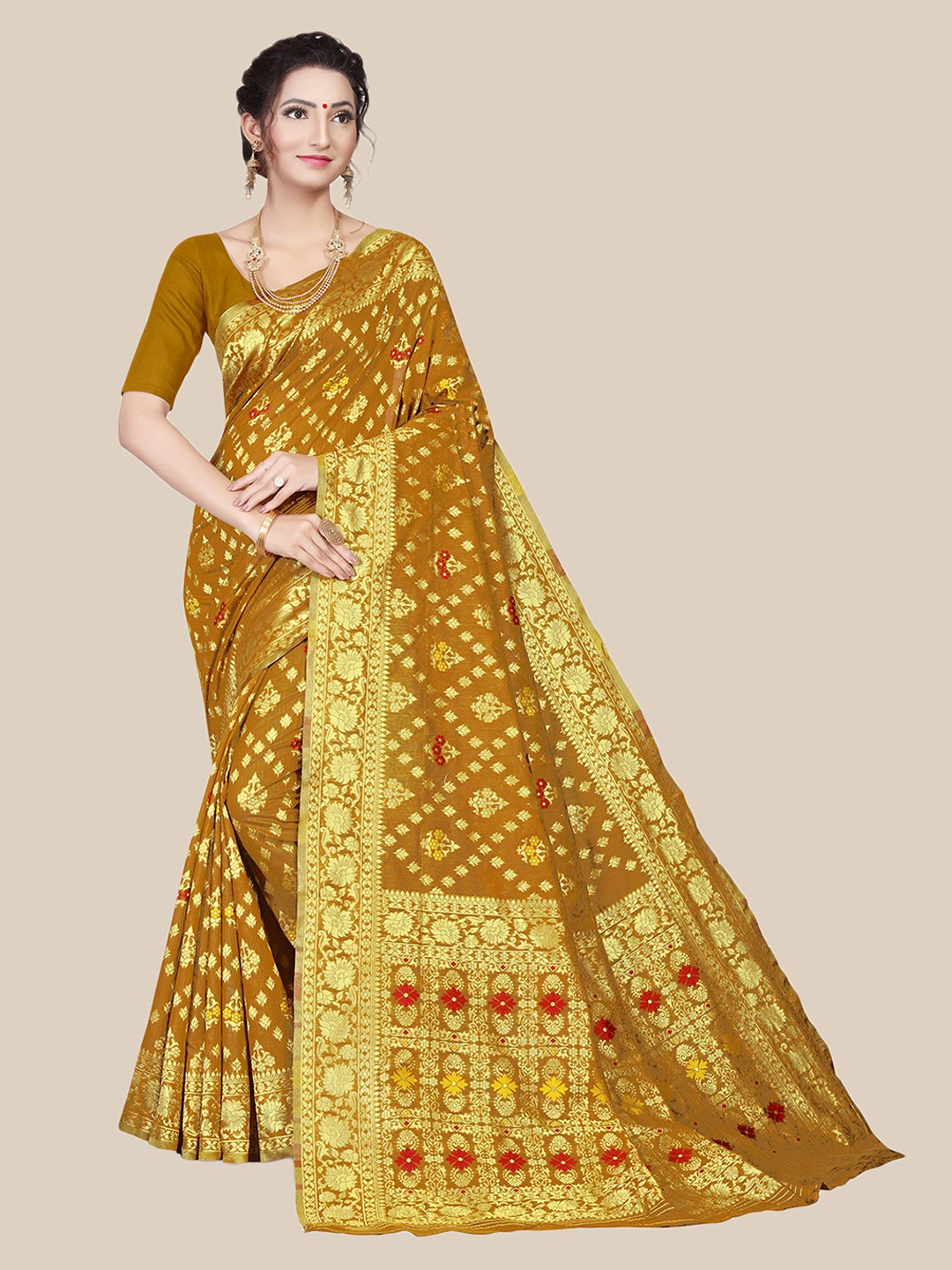 

UNITED LIBERTY Gold-Toned & Mustard Woven Design Zari Art Silk Block Print Saree