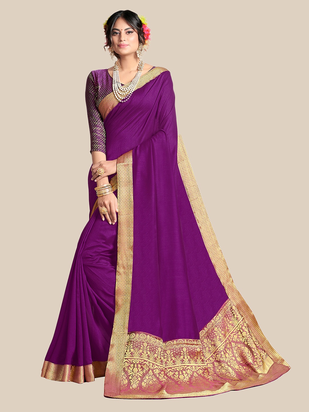 

UNITED LIBERTY Purple & Gold-Toned Zari Art Silk Block Print Saree