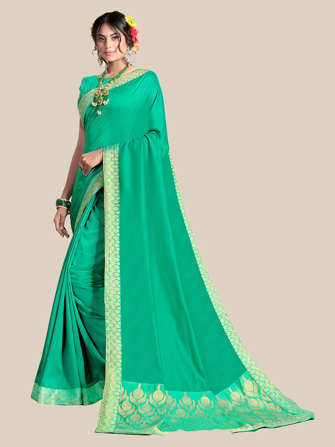 

UNITED LIBERTY Green & Gold-Toned Zari Art Silk Saree