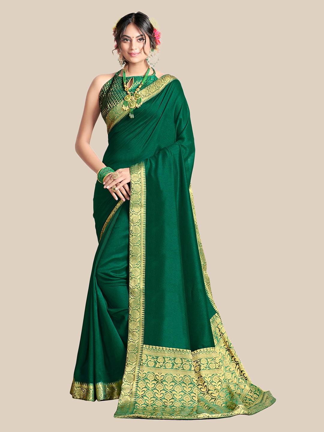 

UNITED LIBERTY Green & Gold-Toned Zari Art Silk Saree
