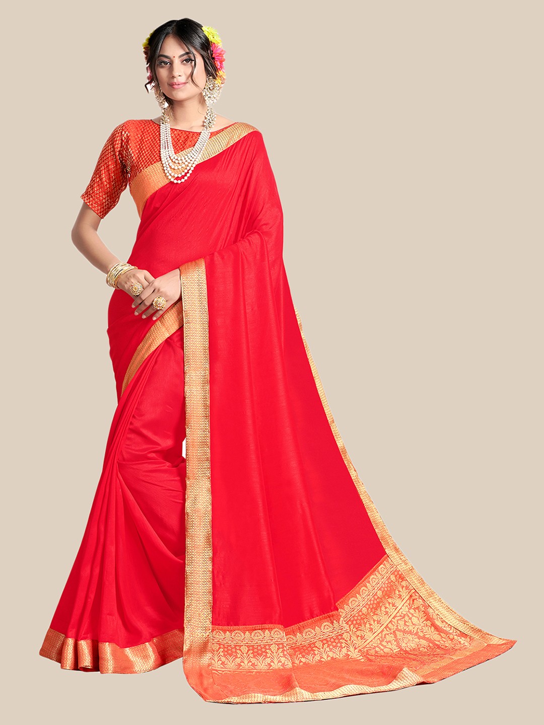 

UNITED LIBERTY Red & Orange Zari Art Silk Block Print Saree