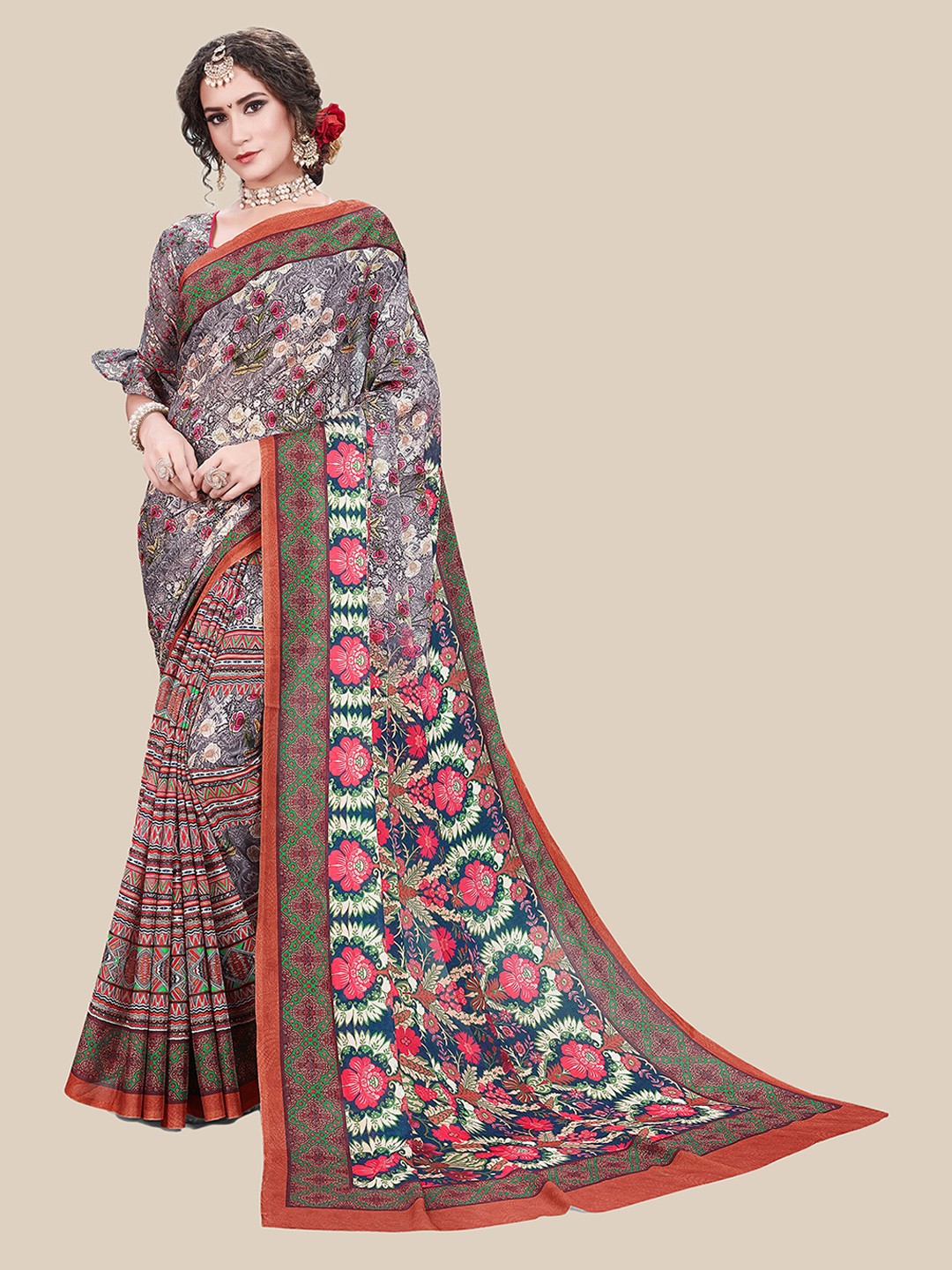 

UNITED LIBERTY Grey & Red Floral Poly Crepe Saree