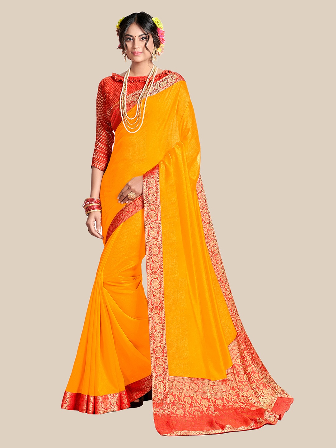 

UNITED LIBERTY Orange & Red Zari Art Silk Saree